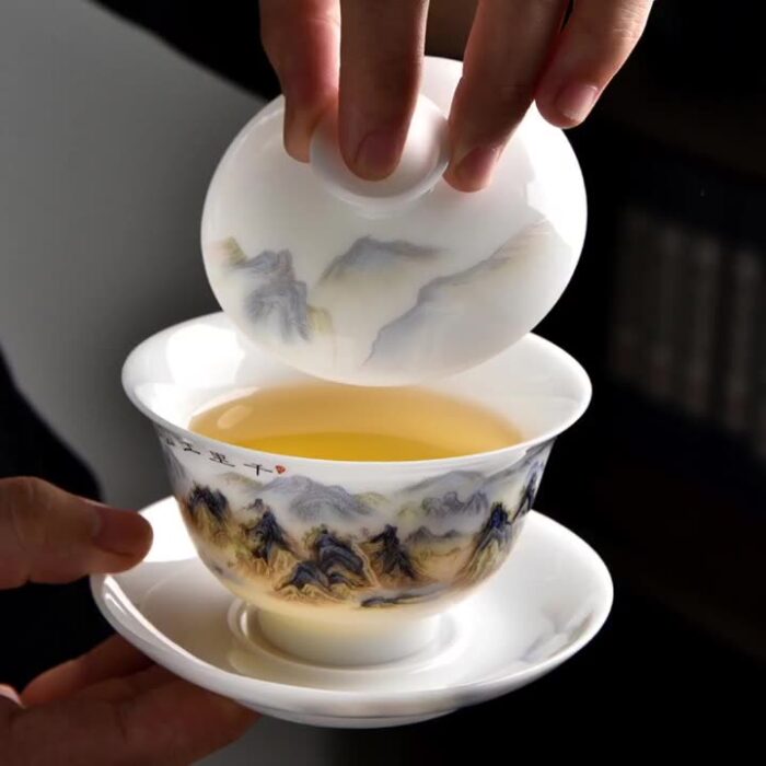 6418宜鉴千里江山冰种茶具羊脂玉功夫茶具德化玉瓷品茗泡茶器轻奢礼品 - 图片 2
