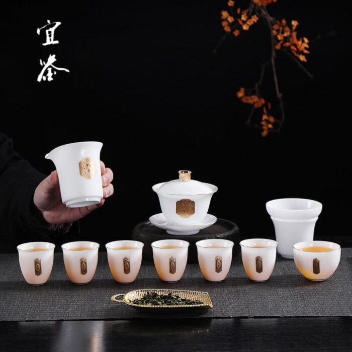 2338宜鉴冰种羊脂玉茶具套装金福招财德化白瓷功夫茶具家用轻奢伴手礼 - 图片 9