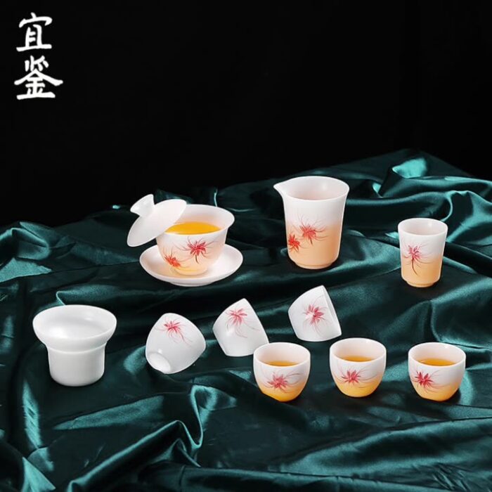 1298宜鉴冰种羊脂玉茶具套装手绘樱韵德化白瓷功夫茶具家用商用伴手礼 - 图片 2