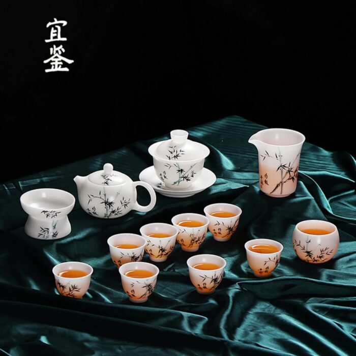2238698宜鉴冰种羊脂玉手绘茶具竹报平安亚光德化白瓷功夫茶具轻奢伴手礼 - 图片 2