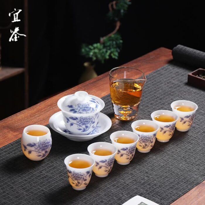 5238268 宜鉴冰种玉瓷茶具牡丹花德化白瓷羊脂玉功夫茶具家用商用轻奢礼品