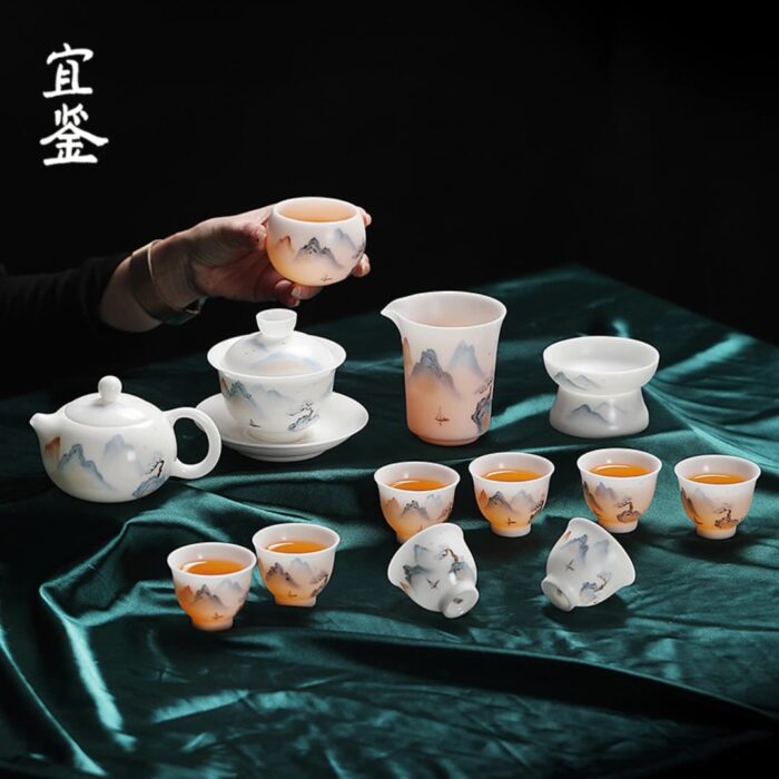 2138888 宜鉴冰种羊脂玉茶具德化玉瓷绿水青山亚光功夫茶具商用家用伴手礼