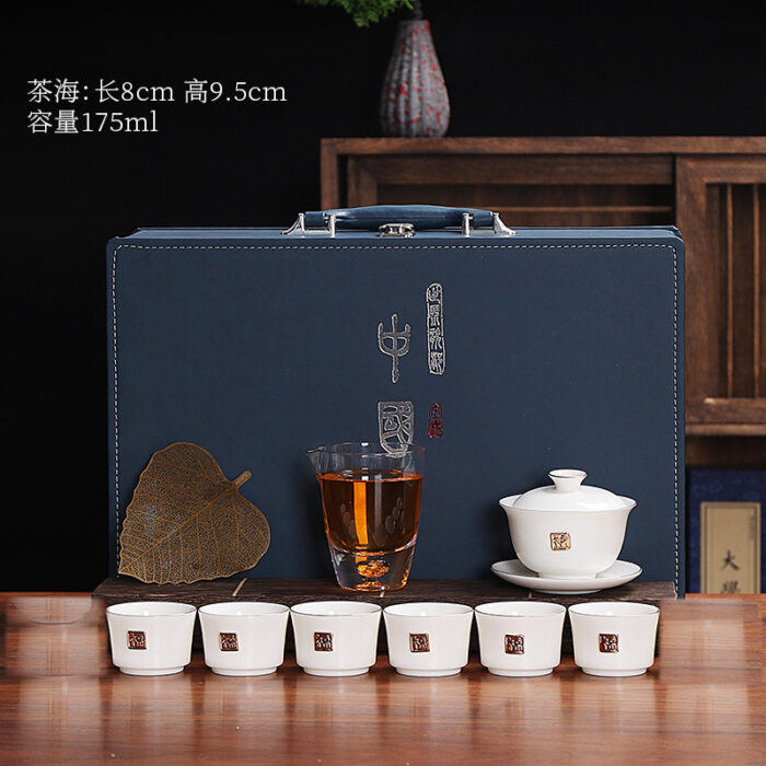 0208278 德化玉瓷羊脂玉金福陶瓷茶具套组一壶一盖碗十三件套高档送礼佳品 - 图片 11