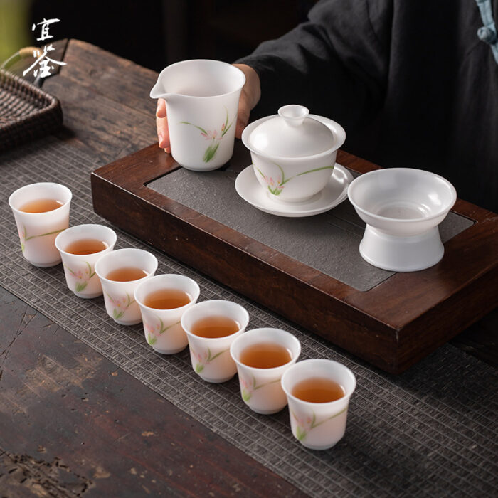 5448 宜鉴冰种羊脂玉茶具五彩手绘自生釉德化白瓷功夫茶具套装轻奢礼品