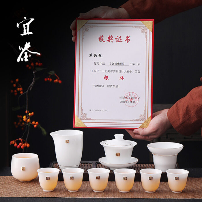 8398宜鉴冰种玉瓷茶具套装金福雅韵功夫茶具描金羊脂玉茶具轻奢伴手礼 - 图片 3
