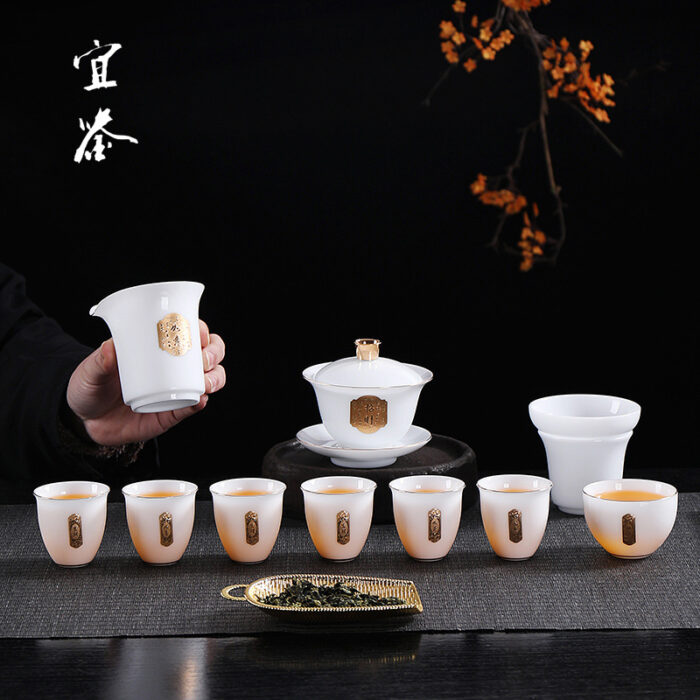 2338宜鉴冰种羊脂玉茶具套装金福招财德化白瓷功夫茶具家用轻奢伴手礼 - 图片 8