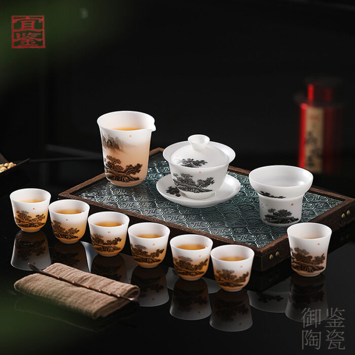 2268798 宜鉴冰种羊脂玉茶具田园雅居手绘德化玉瓷亚光水墨风功夫茶具礼品 - 图片 2