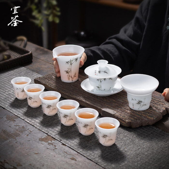 0246宜鉴冰种羊脂玉茶具套装德化白瓷功夫茶具翠竹陶瓷茶具家用伴手礼 - 图片 3