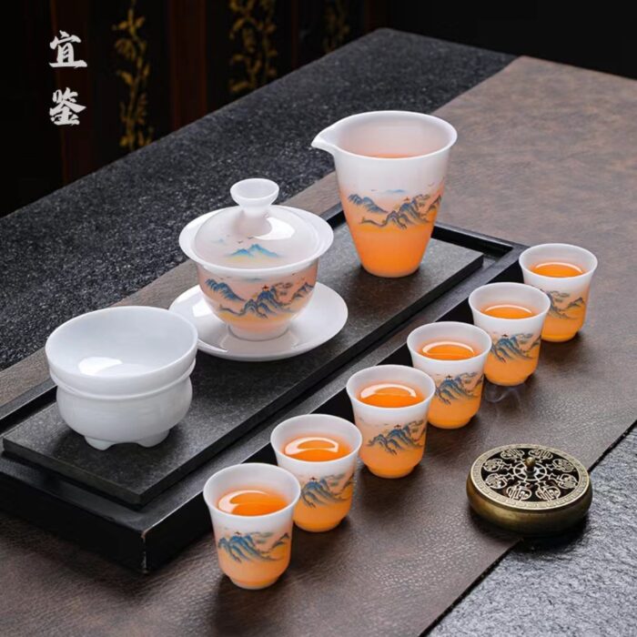 3238宜鉴冰种羊脂玉茶具套装青山韵德化白瓷功夫茶具商用家用轻奢礼品手绘茶具 - 图片 3