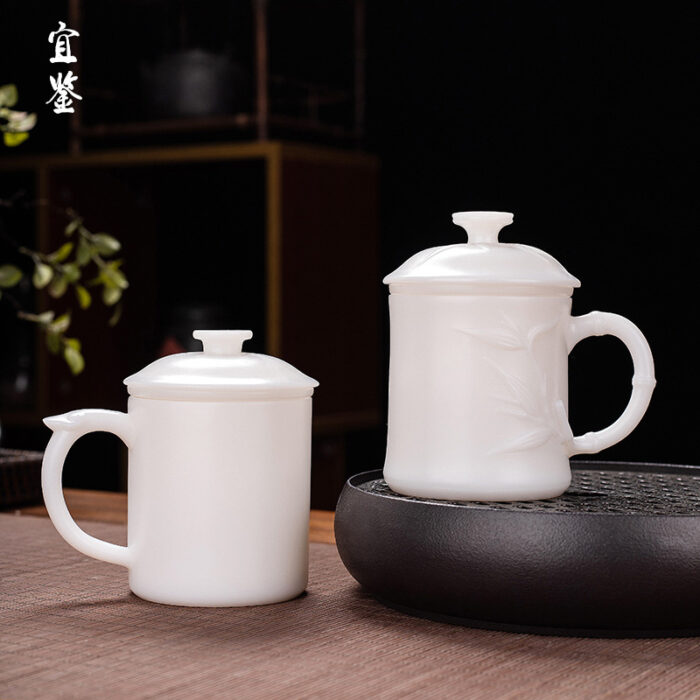 4238318宜鉴象牙白冰种玉瓷茶杯素烧德化玉瓷办公杯浮雕杯礼盒装轻奢礼品 - 图片 3
