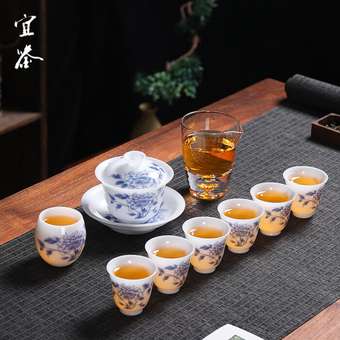 5238268 宜鉴冰种玉瓷茶具牡丹花德化白瓷羊脂玉功夫茶具家用商用轻奢礼品 - 图片 3