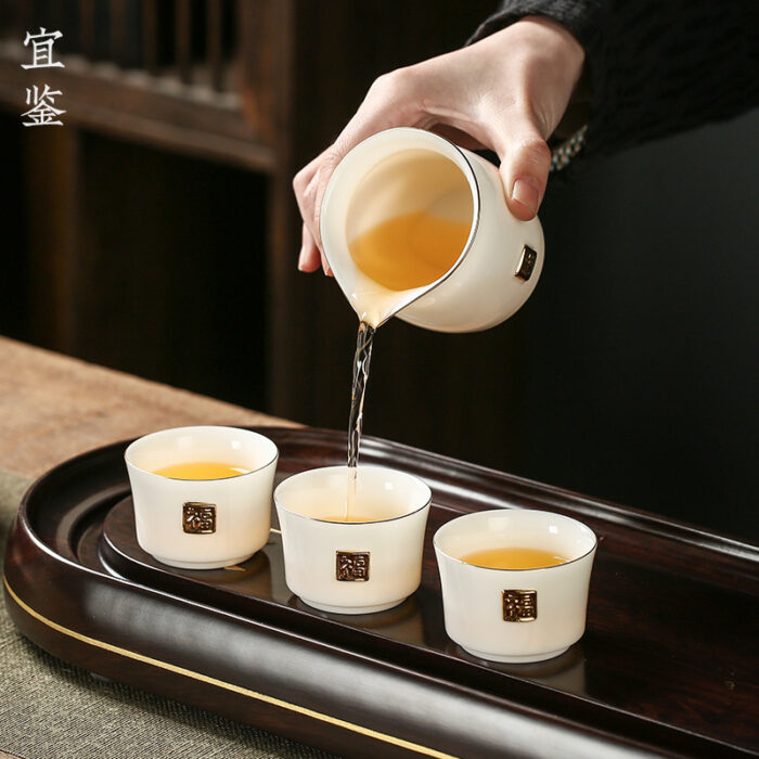 0208278 德化玉瓷羊脂玉金福陶瓷茶具套组一壶一盖碗十三件套高档送礼佳品 - 图片 3