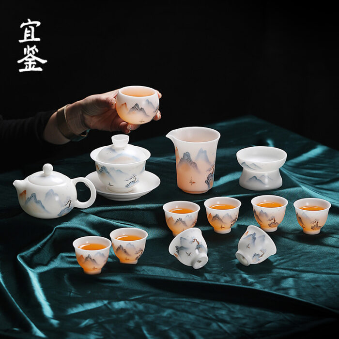 2138888 宜鉴冰种羊脂玉茶具德化玉瓷绿水青山亚光功夫茶具商用家用伴手礼 - 图片 3