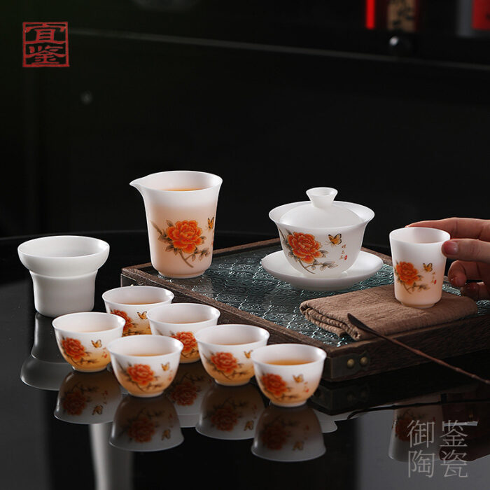 288258宜鉴冰种羊脂玉茶具红牡丹亚光德化玉瓷功夫茶具商用家用轻奢礼品 - 图片 2