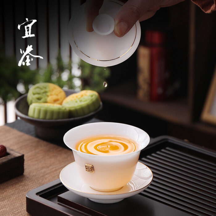 8398宜鉴冰种玉瓷茶具套装金福雅韵功夫茶具描金羊脂玉茶具轻奢伴手礼 - 图片 4