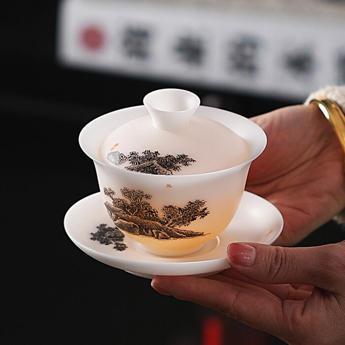 2268798 宜鉴冰种羊脂玉茶具田园雅居手绘德化玉瓷亚光水墨风功夫茶具礼品 - 图片 3