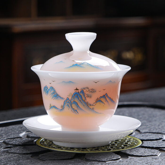 3238宜鉴冰种羊脂玉茶具套装青山韵德化白瓷功夫茶具商用家用轻奢礼品手绘茶具 - 图片 4