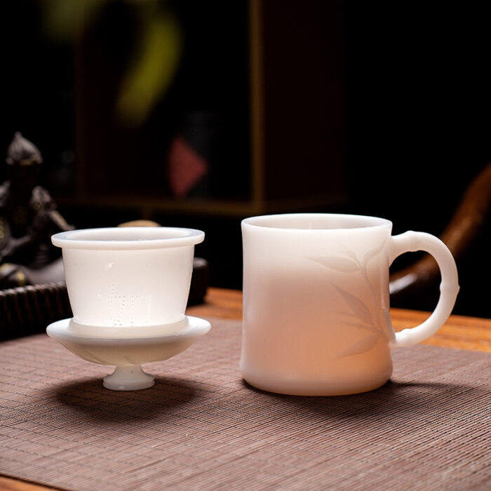 4238318宜鉴象牙白冰种玉瓷茶杯素烧德化玉瓷办公杯浮雕杯礼盒装轻奢礼品 - 图片 4