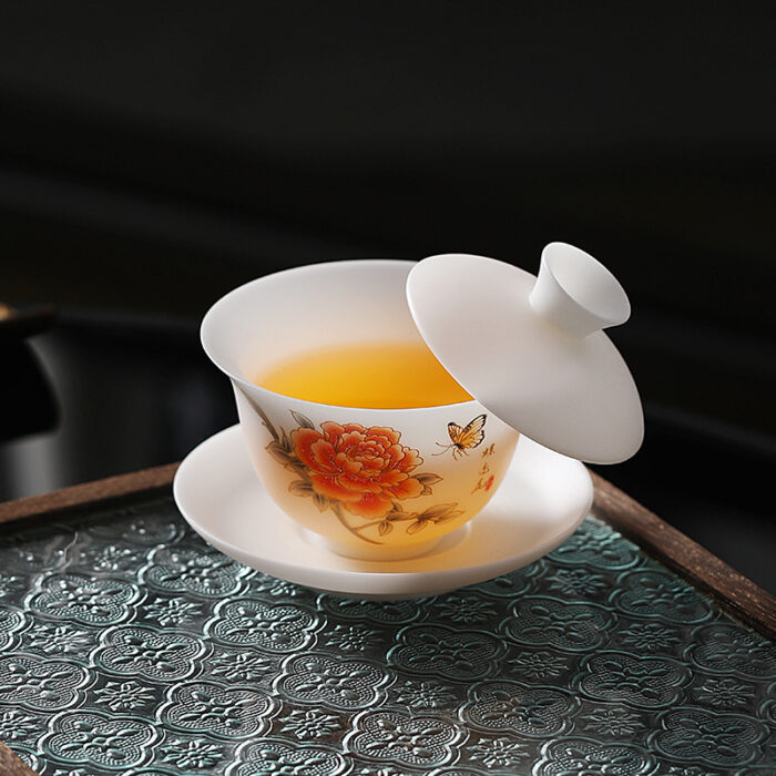 288258宜鉴冰种羊脂玉茶具红牡丹亚光德化玉瓷功夫茶具商用家用轻奢礼品 - 图片 3
