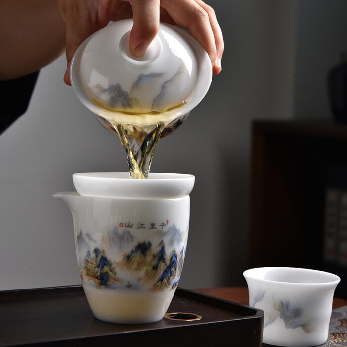 6418宜鉴千里江山冰种茶具羊脂玉功夫茶具德化玉瓷品茗泡茶器轻奢礼品 - 图片 5