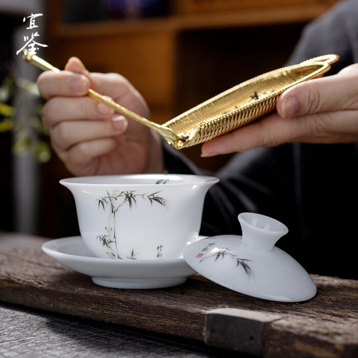 0246宜鉴冰种羊脂玉茶具套装德化白瓷功夫茶具翠竹陶瓷茶具家用伴手礼 - 图片 5