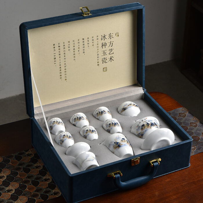 6418宜鉴千里江山冰种茶具羊脂玉功夫茶具德化玉瓷品茗泡茶器轻奢礼品 - 图片 6