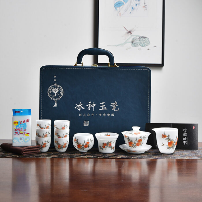 7398宜鉴柿柿如意冰种羊脂玉茶具德化玉瓷功夫茶具品茗茶器轻奢伴手礼 - 图片 6
