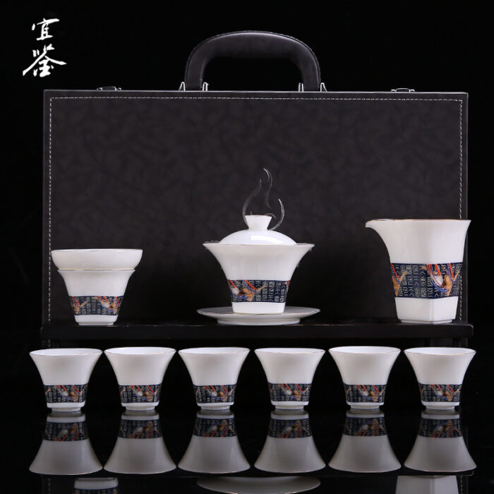 6238 宜鉴羊脂玉白瓷茶具套装青鸾来仪功夫茶具礼盒装办公家用轻奢礼品 - 图片 6