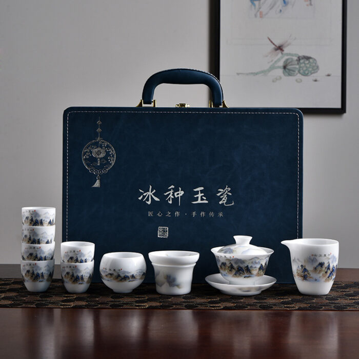 6418宜鉴千里江山冰种茶具羊脂玉功夫茶具德化玉瓷品茗泡茶器轻奢礼品 - 图片 8