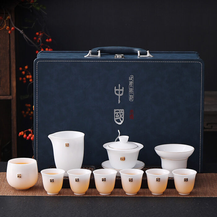 8398宜鉴冰种玉瓷茶具套装金福雅韵功夫茶具描金羊脂玉茶具轻奢伴手礼 - 图片 8