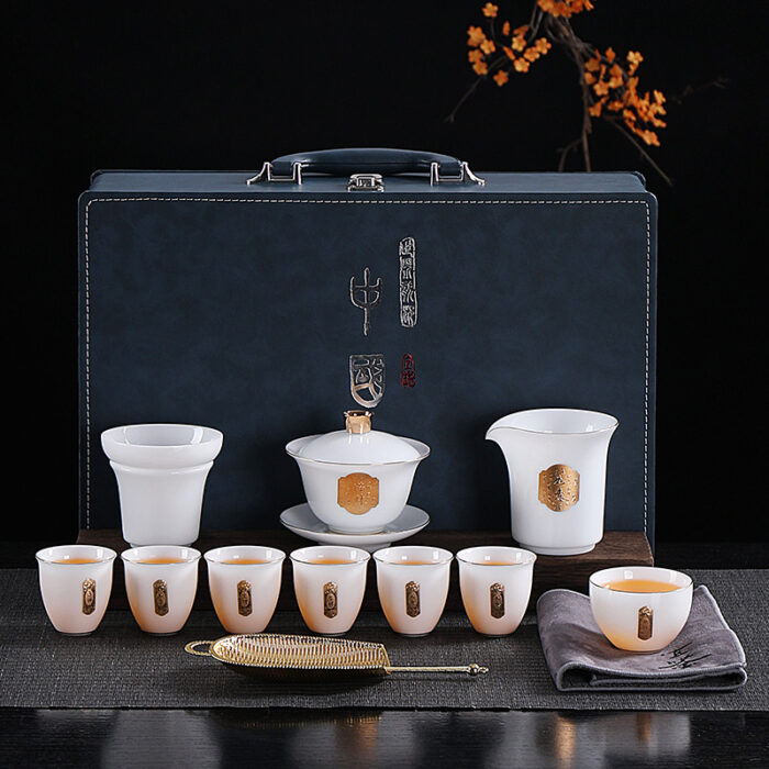 2338宜鉴冰种羊脂玉茶具套装金福招财德化白瓷功夫茶具家用轻奢伴手礼 - 图片 3