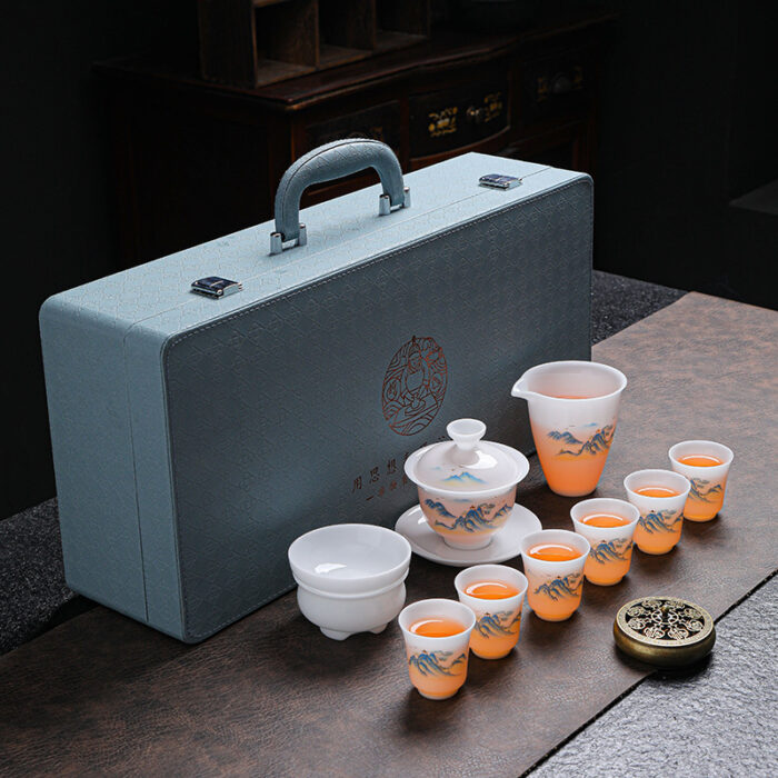 3238宜鉴冰种羊脂玉茶具套装青山韵德化白瓷功夫茶具商用家用轻奢礼品手绘茶具 - 图片 8