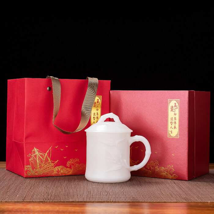 4238318宜鉴象牙白冰种玉瓷茶杯素烧德化玉瓷办公杯浮雕杯礼盒装轻奢礼品 - 图片 8