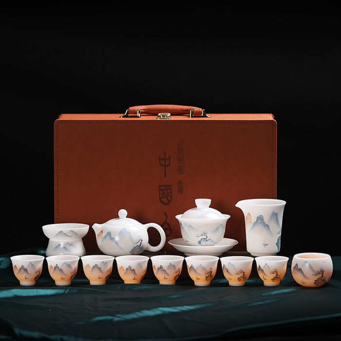 2138888 宜鉴冰种羊脂玉茶具德化玉瓷绿水青山亚光功夫茶具商用家用伴手礼 - 图片 7