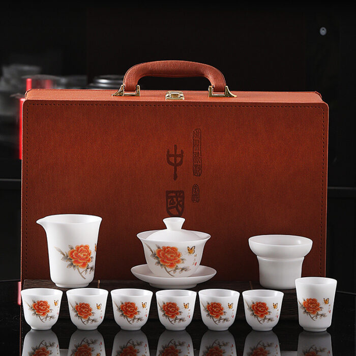 288258宜鉴冰种羊脂玉茶具红牡丹亚光德化玉瓷功夫茶具商用家用轻奢礼品 - 图片 7