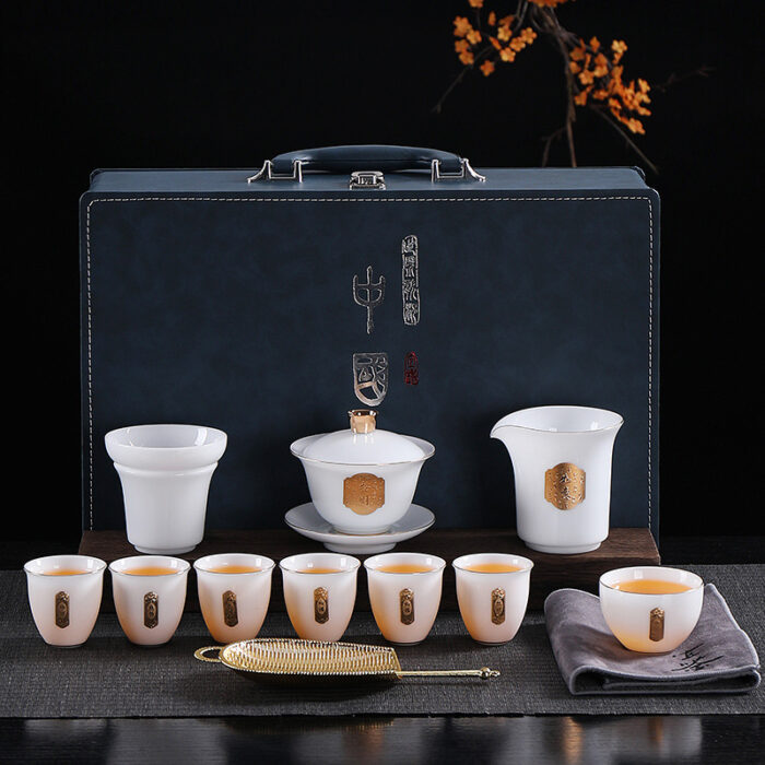 2338宜鉴冰种羊脂玉茶具套装金福招财德化白瓷功夫茶具家用轻奢伴手礼