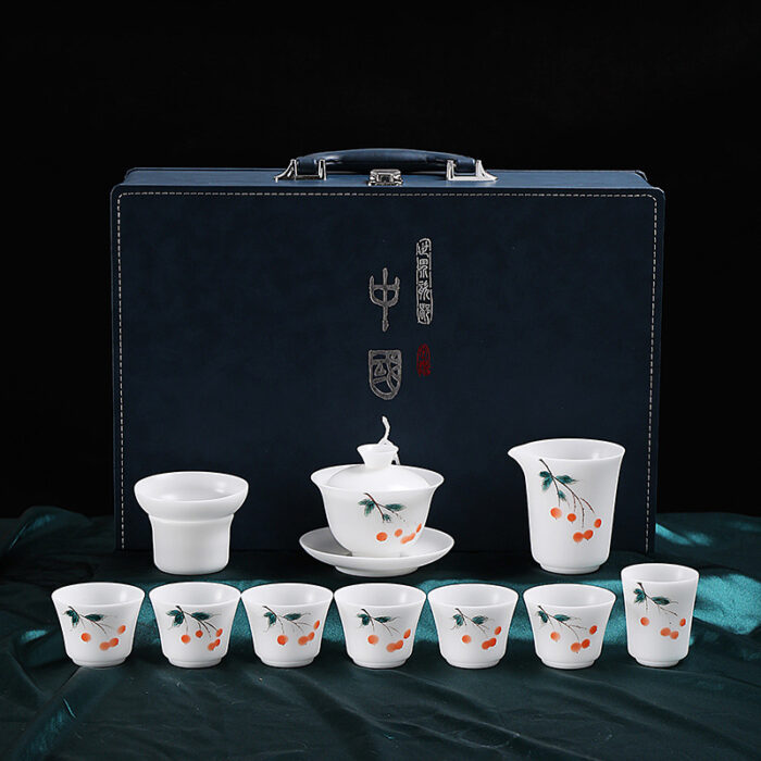 1298宜鉴冰种羊脂玉茶具套装手绘樱韵德化白瓷功夫茶具家用商用伴手礼 - 图片 9
