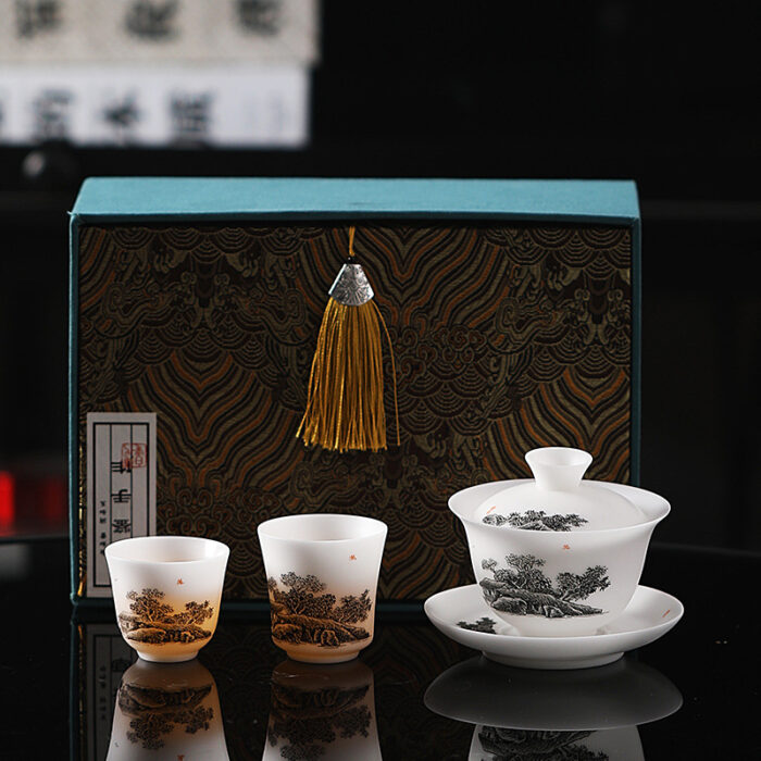 2268798 宜鉴冰种羊脂玉茶具田园雅居手绘德化玉瓷亚光水墨风功夫茶具礼品 - 图片 8