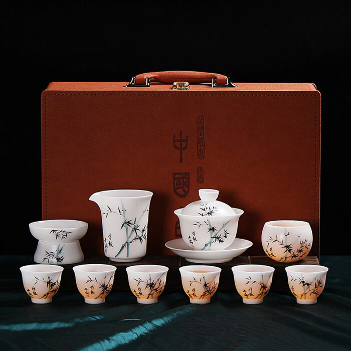 2238698宜鉴冰种羊脂玉手绘茶具竹报平安亚光德化白瓷功夫茶具轻奢伴手礼 - 图片 9