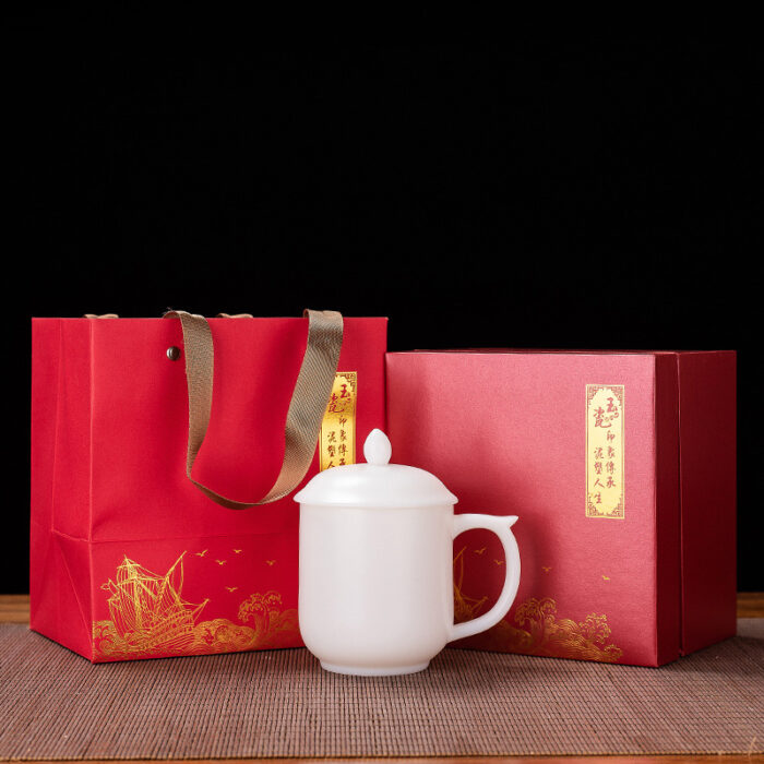 4238318宜鉴象牙白冰种玉瓷茶杯素烧德化玉瓷办公杯浮雕杯礼盒装轻奢礼品 - 图片 9
