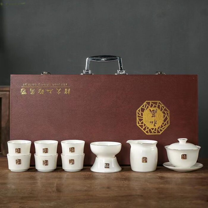 0208278 德化玉瓷羊脂玉金福陶瓷茶具套组一壶一盖碗十三件套高档送礼佳品 - 图片 9