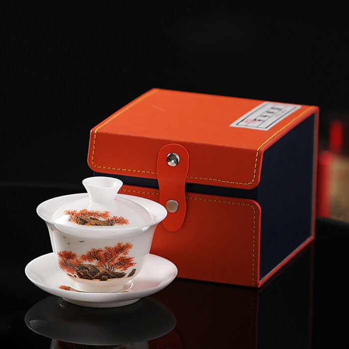 7218698宜鉴手绘冰种羊脂玉茶具山林雅韵德化玉瓷亮光功夫茶具商务伴手礼 - 图片 10