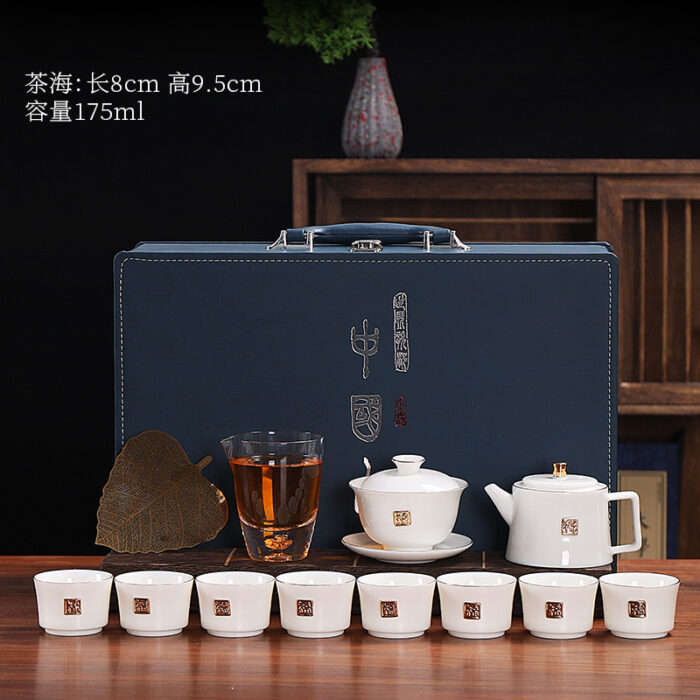 0208278 德化玉瓷羊脂玉金福陶瓷茶具套组一壶一盖碗十三件套高档送礼佳品 - 图片 10