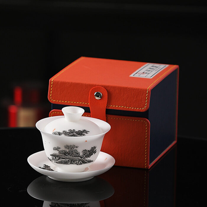 2268798 宜鉴冰种羊脂玉茶具田园雅居手绘德化玉瓷亚光水墨风功夫茶具礼品 - 图片 9