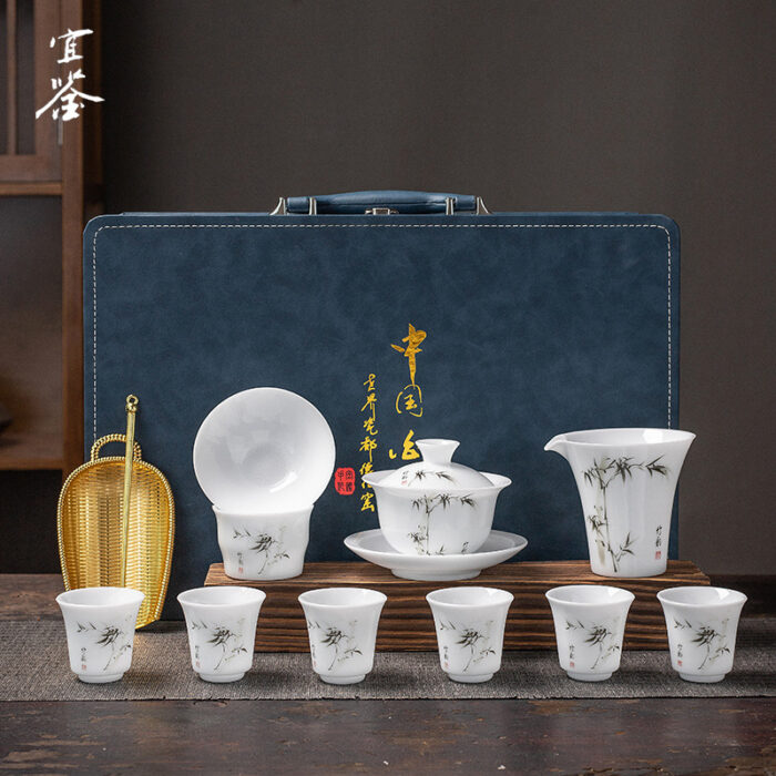 0246宜鉴冰种羊脂玉茶具套装德化白瓷功夫茶具翠竹陶瓷茶具家用伴手礼