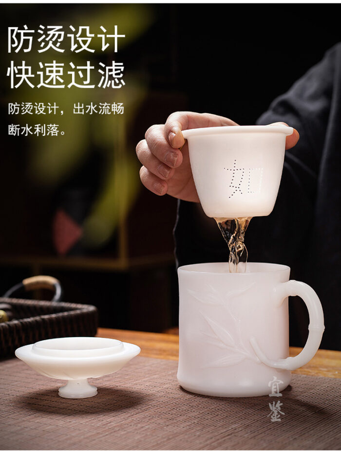 4238318宜鉴象牙白冰种玉瓷茶杯素烧德化玉瓷办公杯浮雕杯礼盒装轻奢礼品