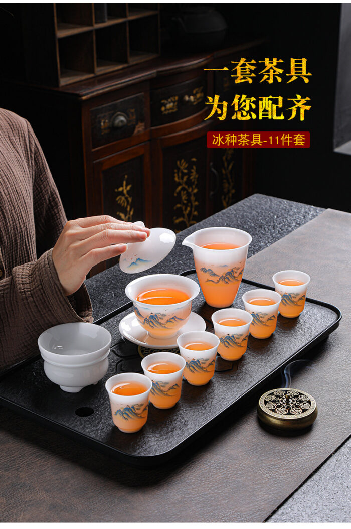 3238宜鉴冰种羊脂玉茶具套装青山韵德化白瓷功夫茶具商用家用轻奢礼品手绘茶具